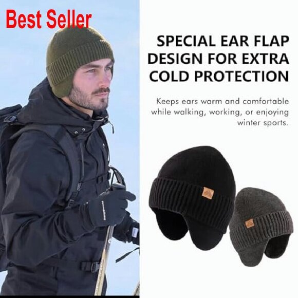 Merino Wool Waterproof Beanie Fleece Lined Ear Flap Winter Hat Unisex